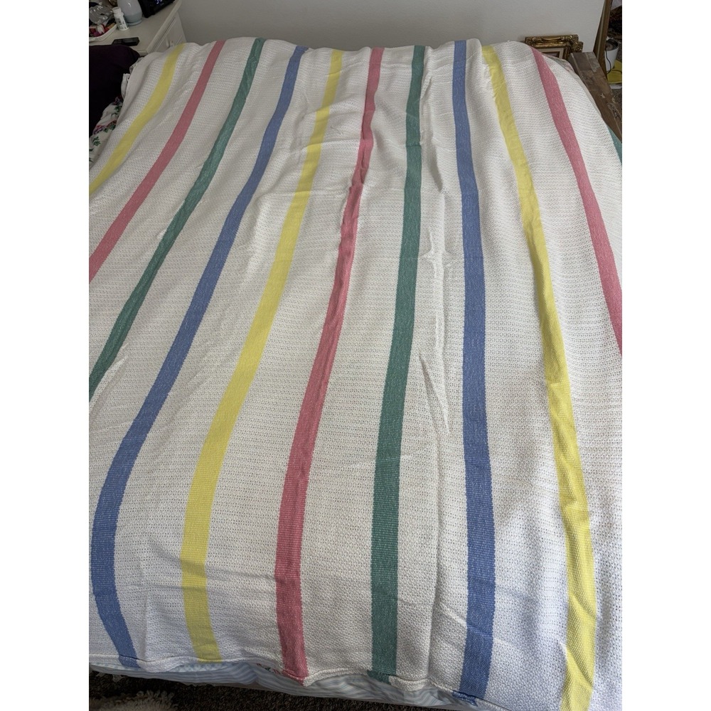 Vintage Woven Blanket Striped Waffle Weave 100% Cotton Seamed Edges 95"x 75